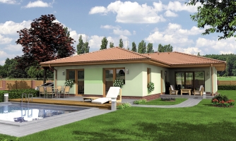Maison de famille en forme de L avec terrasse couverte.